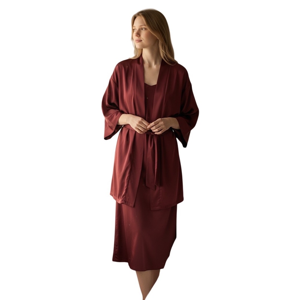 Silkβ Lady Burgundy Satin Robe and Slip Dress Set Womens Size Large